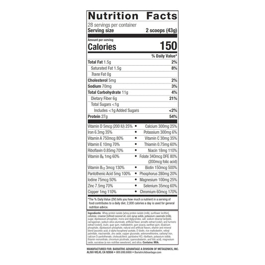 Bariatric Advantage High Protein Meal Replacement Drink Mix, Protein Powder Whey Isolate For Gastric Bypass And Sleeve Gastrectomy Patients, 27G Protein, Lactose Free - Vanilla - 28 Servings