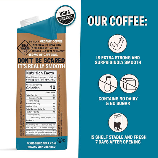 Wandering Bear Organic Vanilla Cold Brew Coffee, 32 Fl Oz, 6 Pack - Extra Strong, Smooth, Organic, Unsweetened, Shelf-Stable, And Ready To Drink Iced Coffee, Cold Brewed Coffee, Cold Coffee