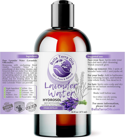 Bella Terra Oils - Hydrosol Water 16oz - Luxurious Lavender Organic Lavender Water, Packed with Essential Minerals & Amino Acids, Ultimate Skin Quencher