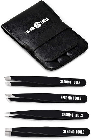 Segomo Tools 4 Piece Tweezer Set - Tweezers For Women - Ingrown Hair Removal Kit - Eyebrow Plucker - Precision Tweezers - Flat, Angled, Slant & Pointed Tweezers - Tw004
