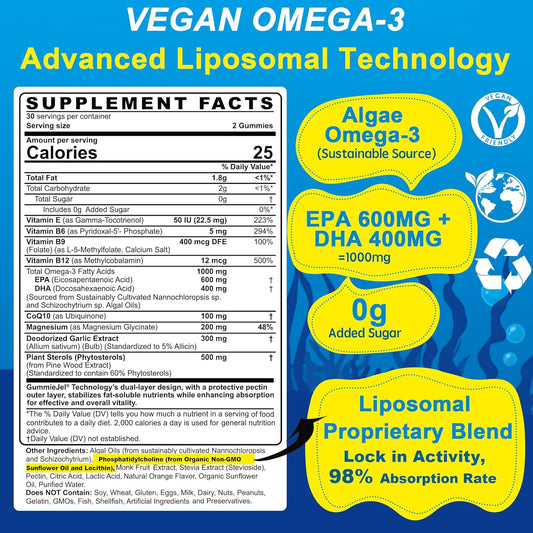 Vegan Omega-3 Gummies 1000Mg +Coq10+Magnesium- Epa 600Mg & Dha 400Mg, Fish Oil Omega 3 Supplements Alternative For Women Men Adults- Liposomal Form -Algae- Plant Sterols, Garlic,B6,B9, B12, Sugar Free