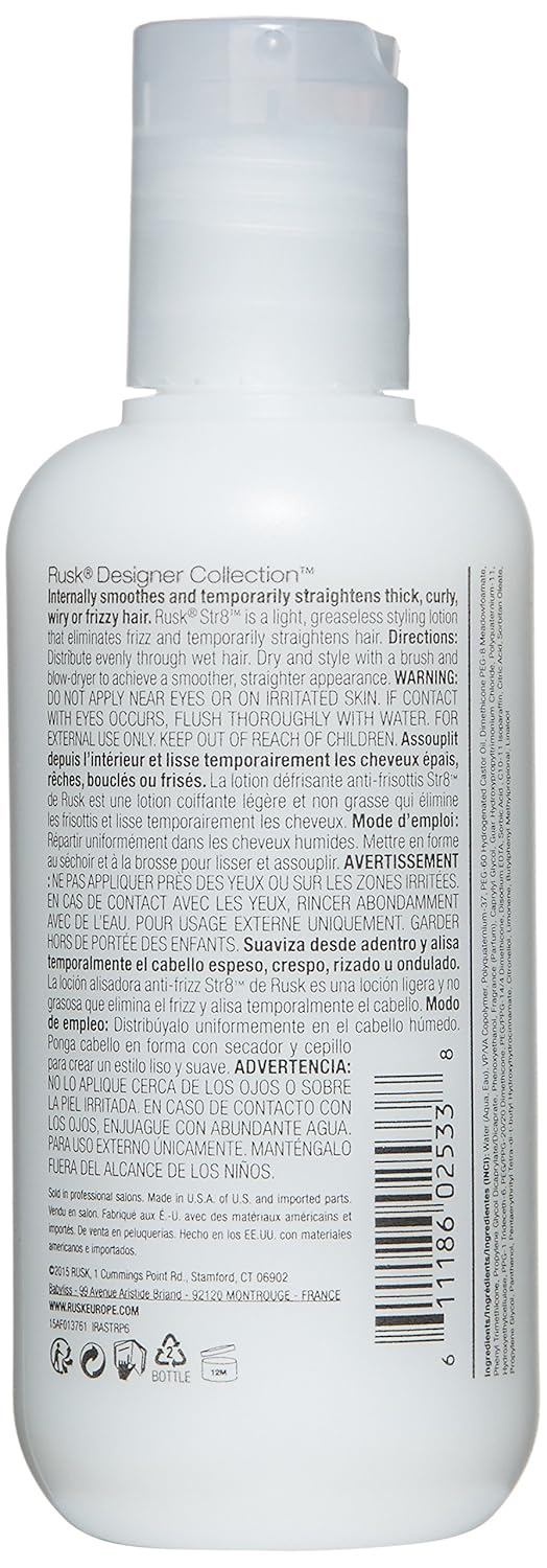 Rusk Designer Collection Str8 Anti-Frizz And Anti-Curl Lotion, Light, Greaseless, Temporarily Removes Curl And Eliminates Frizz, White 6 Oz