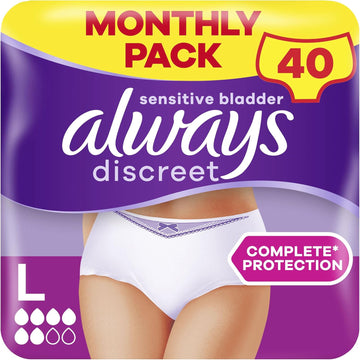 Always Discreet Incontinence Pants Women Large, Uk Size 16-22, White, Absorbency 5, 40 Disposable Underwear , Knickers (10 X 4 Packs), Heavy Bladder Leak Protection , Maternity Postpartum Pants