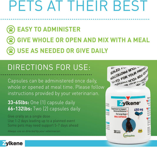 Vetoquinol Zylkene Calming Support Supplement For Large Dogs 33-132Lbs, Helps Promote Relaxation And Reduce External Stress Factors, Daily Behavioral Support And Anxiety Relief For Dogs, 450Mg