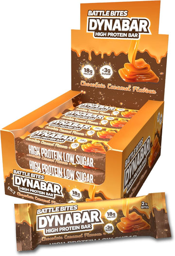 Battle Bites Dynabar High Protein Bars 12 X 60G - Chocolate Caramel Flavour - Low In Sugar, Free From Preservatives, Non-Gmo, Suitable For Vegetarians - 18G Protein + 243 Calories Per Bar - Made In Uk
