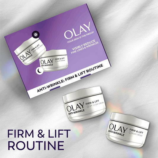 Olay Anti-Wrinkle Firm & Lift Giftset: Spf15 Day Face Cream 50Ml + Night Cream Moisturiser 50Ml, Anti-Ageing Skin Care