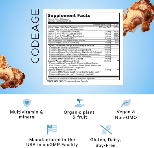 Codeage Lungs Vitamins, A, C, D, E, B6, Milk Thistle Lung Supplement, Zinc & Magnesium, Cordyceps, Reishi, Ginger, Peppermint Leaf Organic Herbs Cleanse, Breathing, Respiration - Non-Gmo - 90 Capsules
