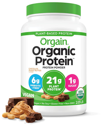 Orgain Organic Vegan Protein Powder, Chocolate Peanut Butter - 21G Of Plant Based Protein, Low Net Carbs, Non Dairy, Gluten Free, Lactose Free, No Sugar Added, Soy Free, Kosher, Non-Gmo, 2.03 Pound