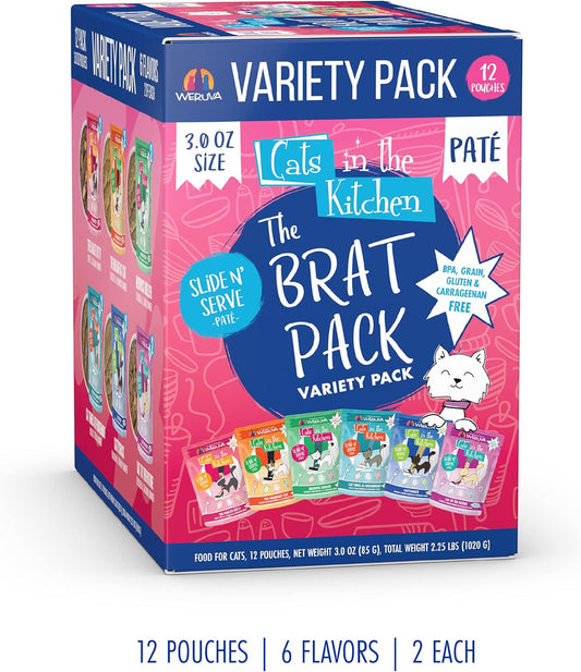 Weruva Cats In The Kitchen Slide N' Serve The Brat Pack Variety Cat Food Pouches 3 Ounce (Pack Of 12)