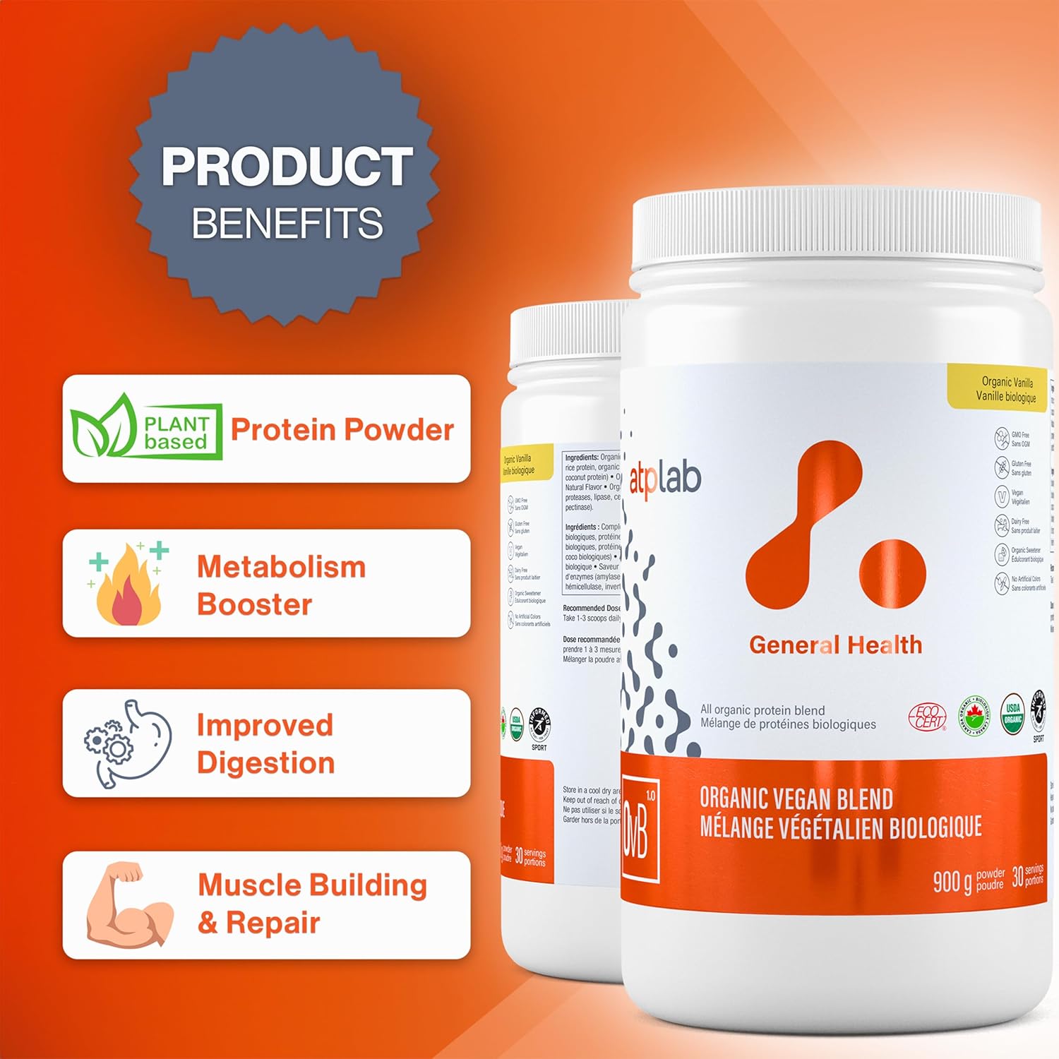 Atp Lab Organic Vegan Blend Powder, 900G 30-Servings - Vanilla Flavour, Gluten-Free And Non-Gmo - A Complex Of Plant-Based Proteins And Mixture Of Enzymes : Health & Household