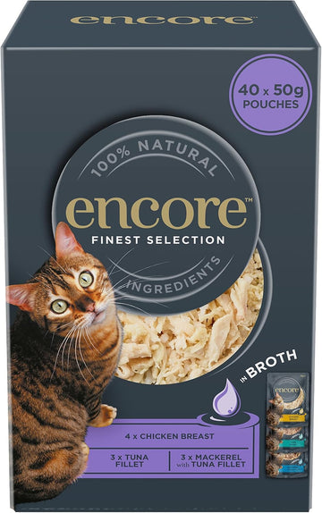 Encore 100 Percent Natural Wet Cat Food Pouch, Chicken And Fish Selection In Broth, 50G Pouch (Pack Of 40 Pouches)Enc8119-1En