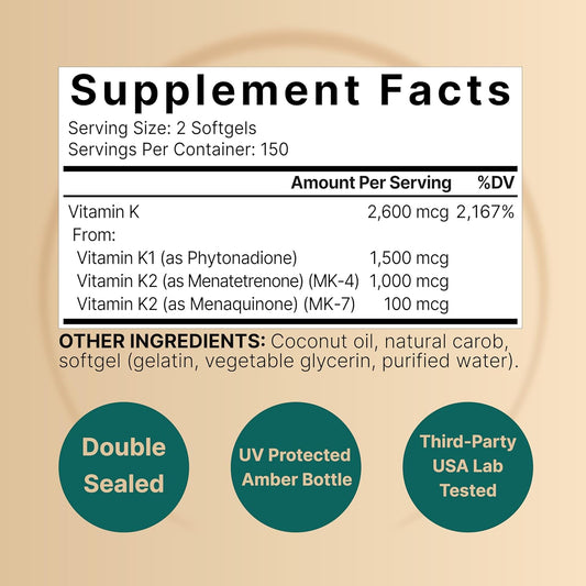 Naturebell Vitamin K Complex, K1 + K2 (Mk-7 & Mk-4) 2,600Mcg Per Serving, 300 Coconut Oil Softgels | Max Absorption โ Full Spectrum K Vitamins Supplement | Heart & Bone Support | Non-Gmo