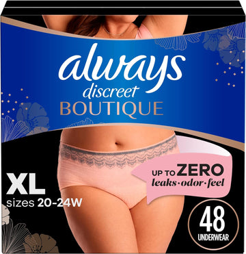 Always Discreet Boutique Adult Incontinence And Postpartum Underwear For Women, Maximum Protection, Xl, Rosy, 48 Count (Packaging May Vary)