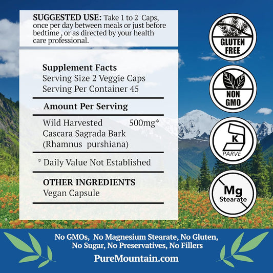 Pure Mountain Botanicals Cascara Sagrada Capsules - 90 Vegan Kosher Caps Now With 400Mg Of Wild Harvest Cascara Sagrada Aged Bark