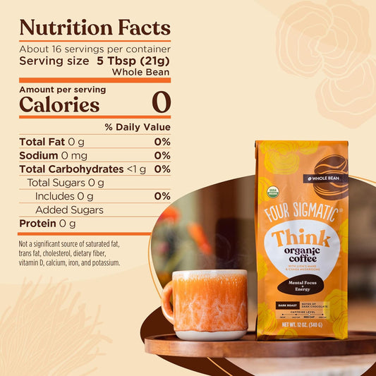 Dark Roast Organic Whole Bean Coffee By Four Sigmatic | Fair Trade Coffee Beans Coated With Lion'S Mane, Chaga Mushrooms | Nootropic Mushroom Coffee For Enhanced Brain Function & Immune Support | 12Oz