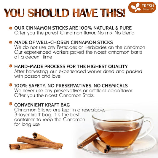 Freshdrinkus, Premium 75+ Cinnamon Dried Sticks, Whole Sticks, 100% Natural & Pure Cinnamon Inner Bark, Raw Cinnamon Spice Flavor & Strong Aroma, Cinnamon Spice Herbal Tea, Perfect For Warm Beverages