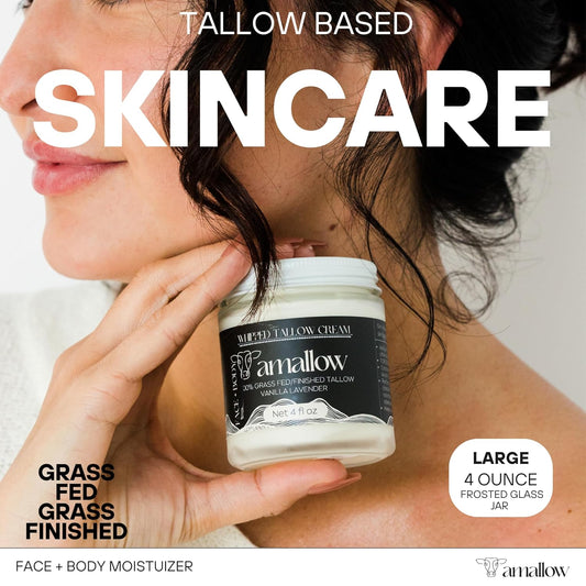 100% Grass Fed Beef Tallow For Skin Care - Face + Body - Whipped Moisturizer - Natural Lotion, 4 Fl. Oz. (Clean Cloud)