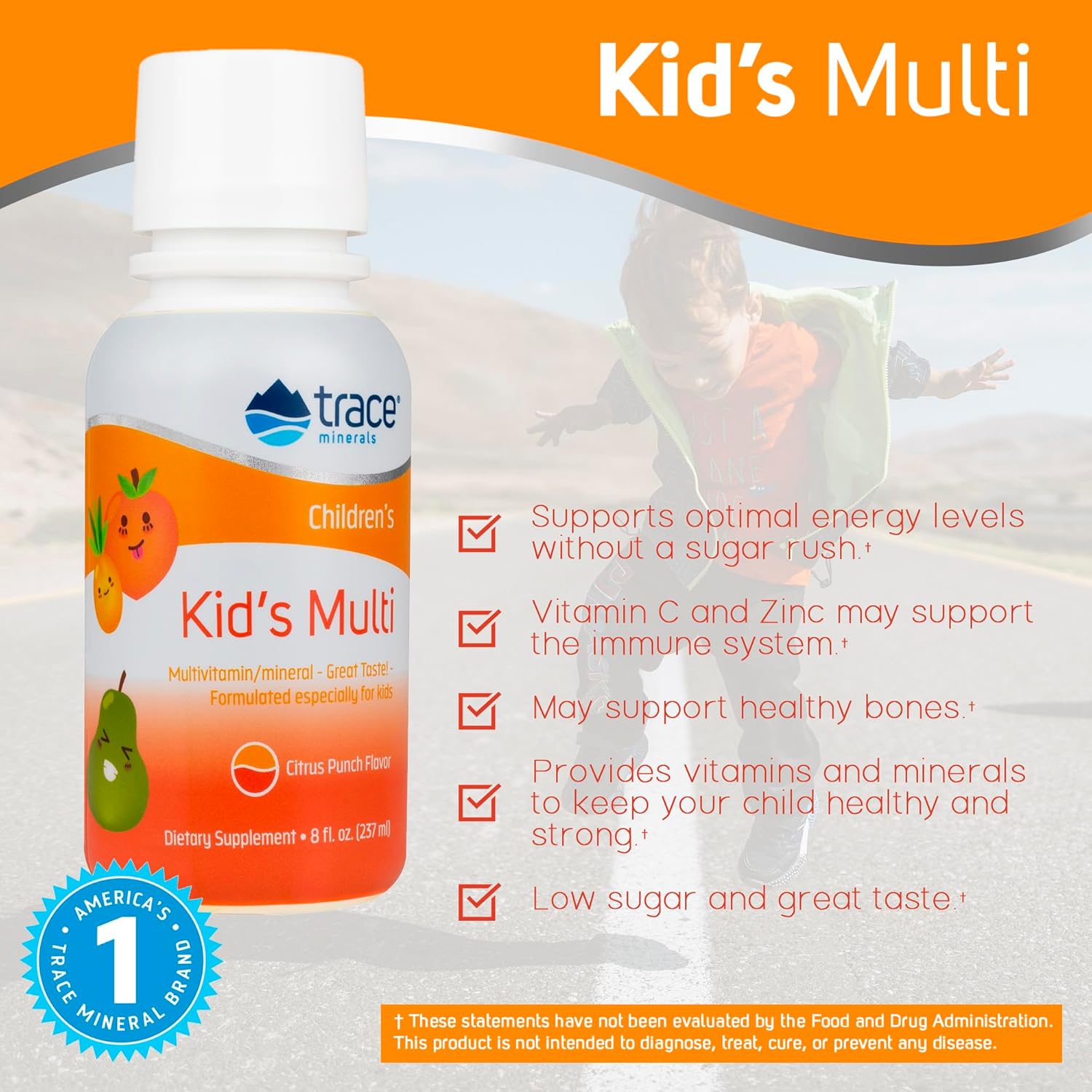 Trace Minerals | Kid's Multi Liq Multivitamin Supplement with Vitamin C, Zinc, Minerals | Supports Healthy Bones and Immunity | Natural Citrus Punch avor | 48 Servings, 8   (1 Pack)