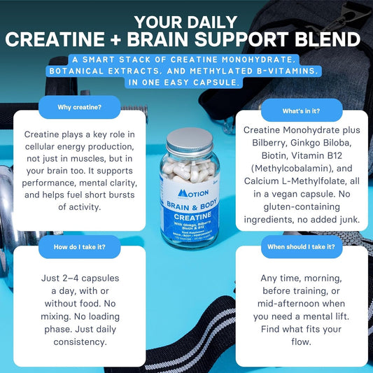 Motion Nutrition Brain & Body Creatine - Creatine Capsules For Increased Power, Speed + Mental Performance - Perfect For Sprint/Power-Based Exercise - Improves Psychological Function (120 Capsules)
