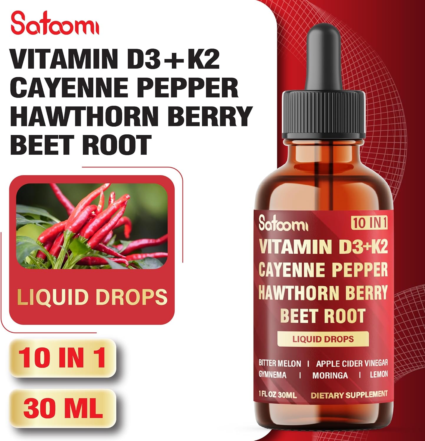 10In1 Cayenne Pepper Liquid Drops With Vitamin D3, Vitamin K2, Hawthorn Berry, Beet Root, Lemon, Apple Cider Vinegar, Gymnema, Moringa, Bitter Melon - Digestion Support - 30Ml - 60 Day Supply : Health & Household