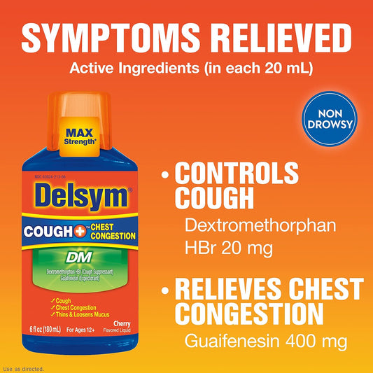 Delsym Max Strength Cough Plus Chest Congestion Dm Liquid, Cherry Flavor, 6 Fl. Oz. Relieves Cough, Chest Congestion, And Thins & Loosens Mucus