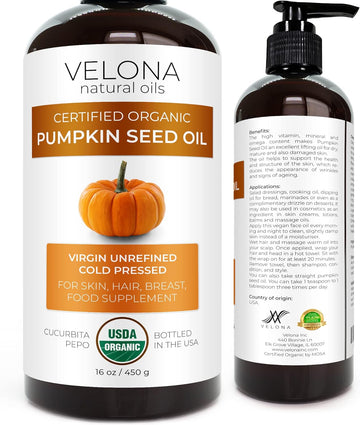 velona Pumpkin Seed Oil USDA Certified Organic - 16 oz | 100% Pure and Natural Carrier Oil | Unrefined, Cold Pressed | Cooking, Face, Hair, Body & Skin Care | Use Today - Enjoy Results