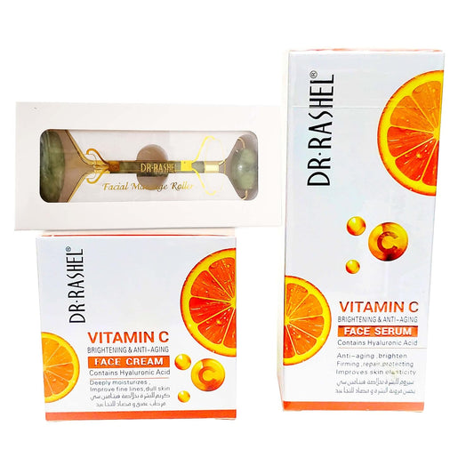 Vitamin C Face Serum And Vitamin C Face Cream Variety Pack | Hyaluronic Acid, Anti Aging And Collagen Essence + 1 Jade Roller Face Massager
