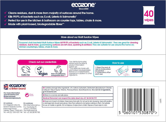 Ecozone Anti-Bacterial Multi-Surface Wipes, Biodegradable Moist Wet Anti Bac Disposable Cleaning Cloths, Sanitising Worktop Natural Vegan Friendly Non Toxic Wipes, Aloe Vera & Cucumber (40 Pack)