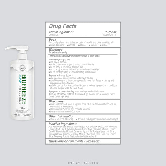 Biofreeze Professional Strength Pain Relief Gel, Arthritis Pain Reliver, Knee & Lower Back Pain Relief, Sore Muscle Relief, Neck Pain Relief, Fsa Eligible, 32 Fl Oz Biofreeze Menthol Gel