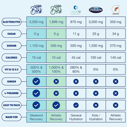 Waterboy Weekend Recovery | 3,200Mg Electrolyte Powder Packets | Ginger + L-Theanine + Vitamins | No Sugar, All Natural, Gluten Free | 24 Drink Stick Mixes (Blue Raspberry)