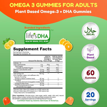 Vegan Omega 3 Gummies For Adults | No Fish Oil Burps | 60 Gummies | Plant Based W/Chia Oil, Algae | Omega 3 6 9 W/Dha, Vitamin C | For Brain, Cardiovascular & Immune Support Halal