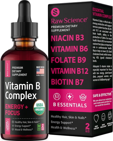 Liquid Vitamin B Complex Supplement – Energy Supplements For Women And Men: Vitamins B3, B6, B9 & Folic Acid For Optimal Health - Hair, Skin & Nails Support - Vegan Super B Complex - Made In Usa - 2Oz