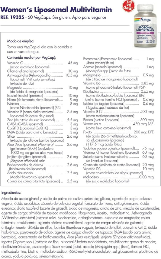 Solaray Liposomal Multivitamin For Women, Enhanced Absorption, High Potency W/Iron, Vitamin D, Vitamin C, B12, Biotin, Coq10, Immune Support, Bone Health, Vegan, 60 Servings, 120 Vegcaps