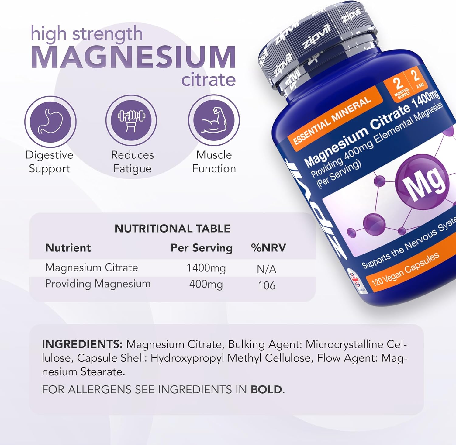 Zipvit Magnesium Citrate 1400mg, Provides 400mg Elemental Magnesium, Highly Absorbable for Bone, Muscle & Energy Support. 120 Vegan Capsules, 2 a Day, 2 Months Supply. : Amazon.co.uk: Health & Personal Care
