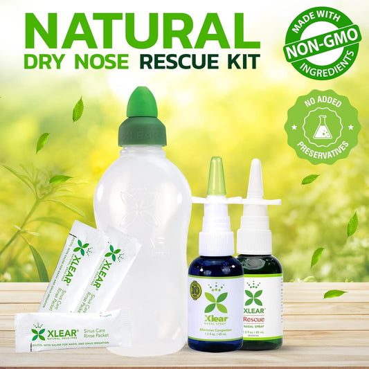 Xlear Dry Nose Relief Kit, All Day Dry Nose Rescue Kit Including Xlear Nasal Spray With Xylitol, Xlear Rescue Nasal Spray, Xlear Nasal Rinse Neti Pot And 50 Refill Packets