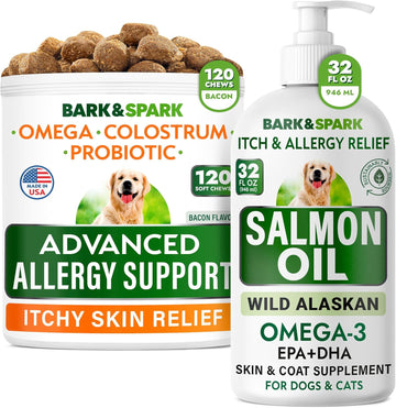 Advanced Dog Allergy + Salmon Oil Bundle - Itch Relief + Skin & Coat Support - Probiotics W/Fish Oil Omega 3 + Epa&Dha Fatty Acid - Skin Allergies + Skin&Coat Support - 120 Chews + 32Oz - Made In Usa