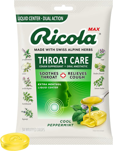 Ricola Max Cool Peppermint Throat Care Large Bag | Cough Suppressant Drops | Dual Action Liq Center | Soothing Long-Lasting Relief - 34 Count (Pack Of 1)