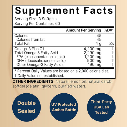 Omega 3 Fish Oil 4,200Mg, 180 Burpless Softgels, Highly Purified Epa 1,200Mg & Dha 900Mg | Lemon Flavored | Premium Wild Caught Fish From Deep Sea โ Heart & Brain Support โ Mercury Free & Non-Gmo