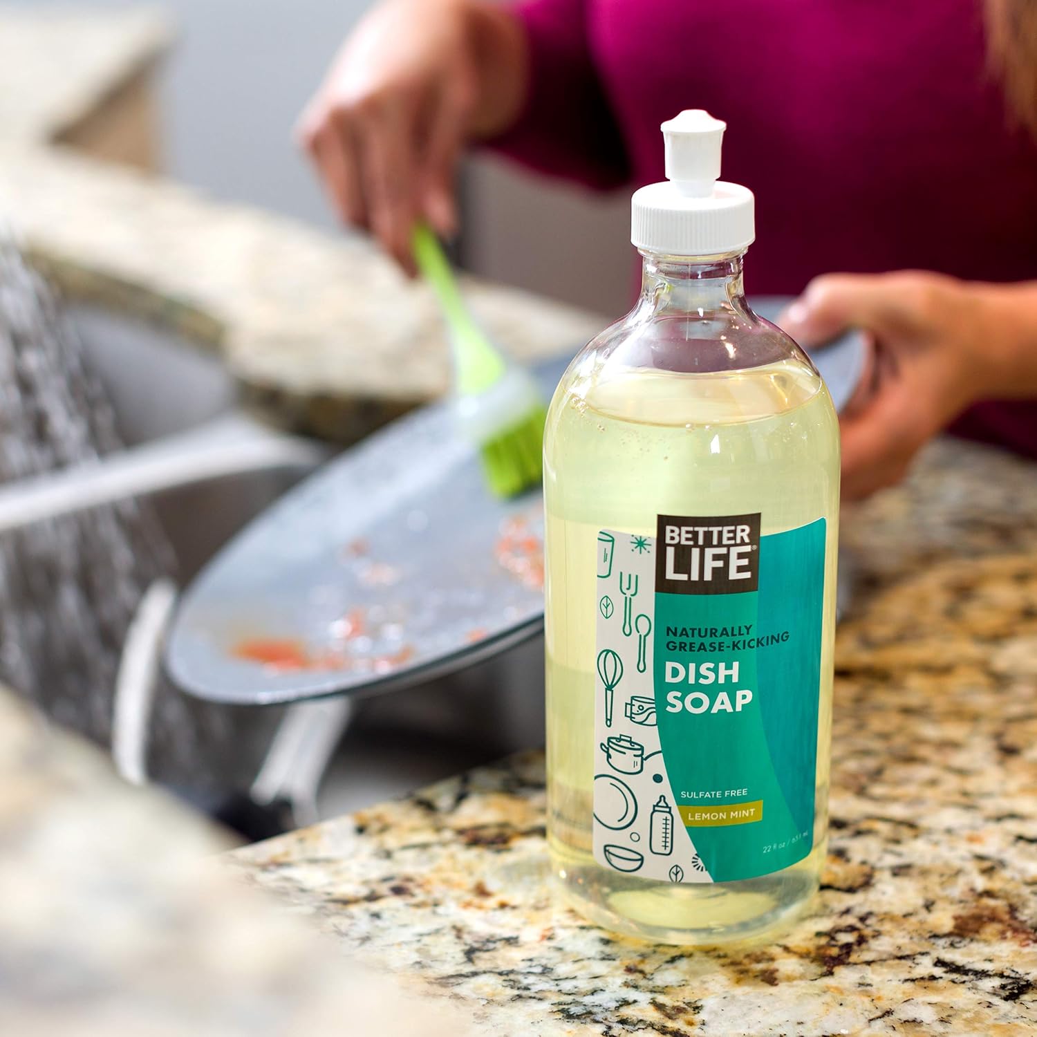 Better Life Dish Soap - Liquid Dishwashing Soap With Vitamin E And Aloe For Home & Kitchen Sink - No Gloves Required Kitchen Soap For Sensitive Skin - 22Oz Lemon Mint