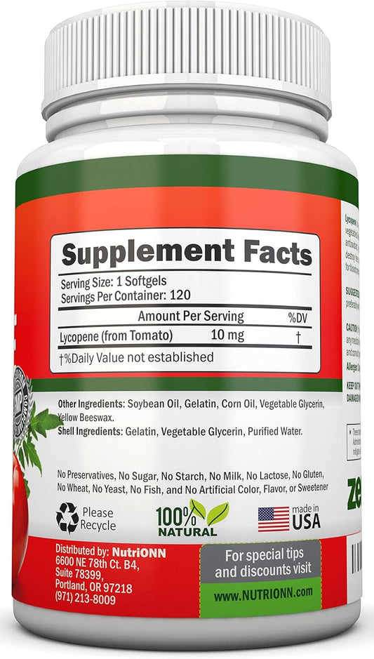 Lycopene - 10Mg - 120 Softgels - 3 Month Supply - Premium Quality Antioxidant - 100% Natural Tomato - Great For Prostate Health, Immune System Support, Heart Health And Eyesight Support