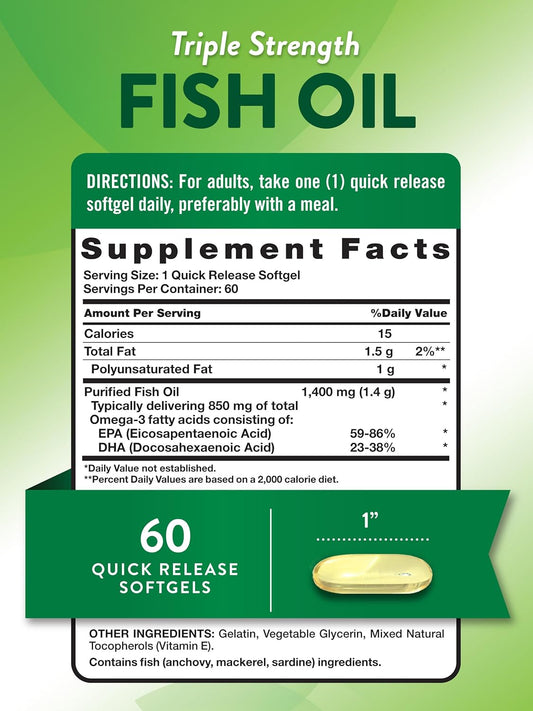 Nature'S Truth Triple Strength Fish Oil Softgels | 1400 Mg | 60 Count | Active Omega 3 | Non-Gmo & Gluten Free Supplement
