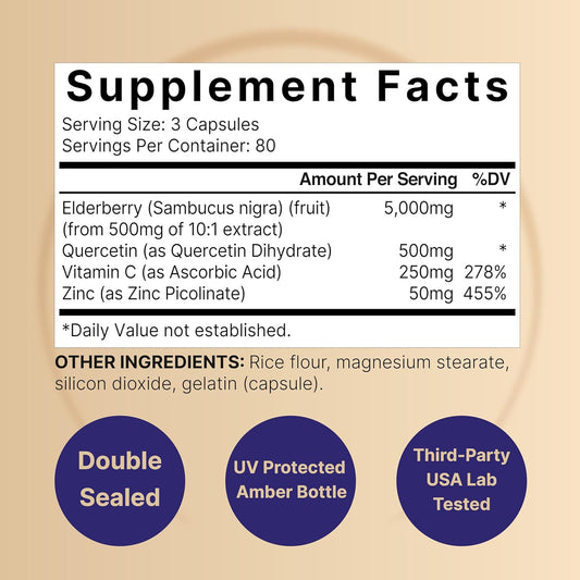 Naturebell Sambucus Elderberry Capsules, 5000Mg Per Serving With Quercetin 500Mg, Vitamin C And Zinc, 240 Count | European Black Elderberry Fruit Extract – 4 In 1 Immune Support Supplements