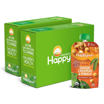 Happy Baby Organics Savory Blends Stage 2 Baby Food, Squash Chickpeas & Spinach With Avocado Oil + Sage, 4 Ounce Pouch (Pack Of 16)