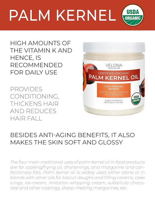 velona USDA Certified Organic Palm Kernel Oil - 4 oz | 100% Pure and Natural Carrier Oil | Refined, Cold Pressed | Face, Hair, Body & Skin Care