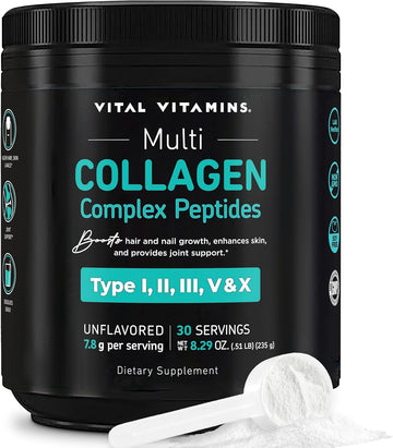 Vital Vitamins Multi Collagen Peptides Powder - Unflavored, Easy To Dissolve - Type I, Ii, Iii, V, X - For Women & Men - Promotes Hair, Skin, Nails, & Joint Health - 30 Servings