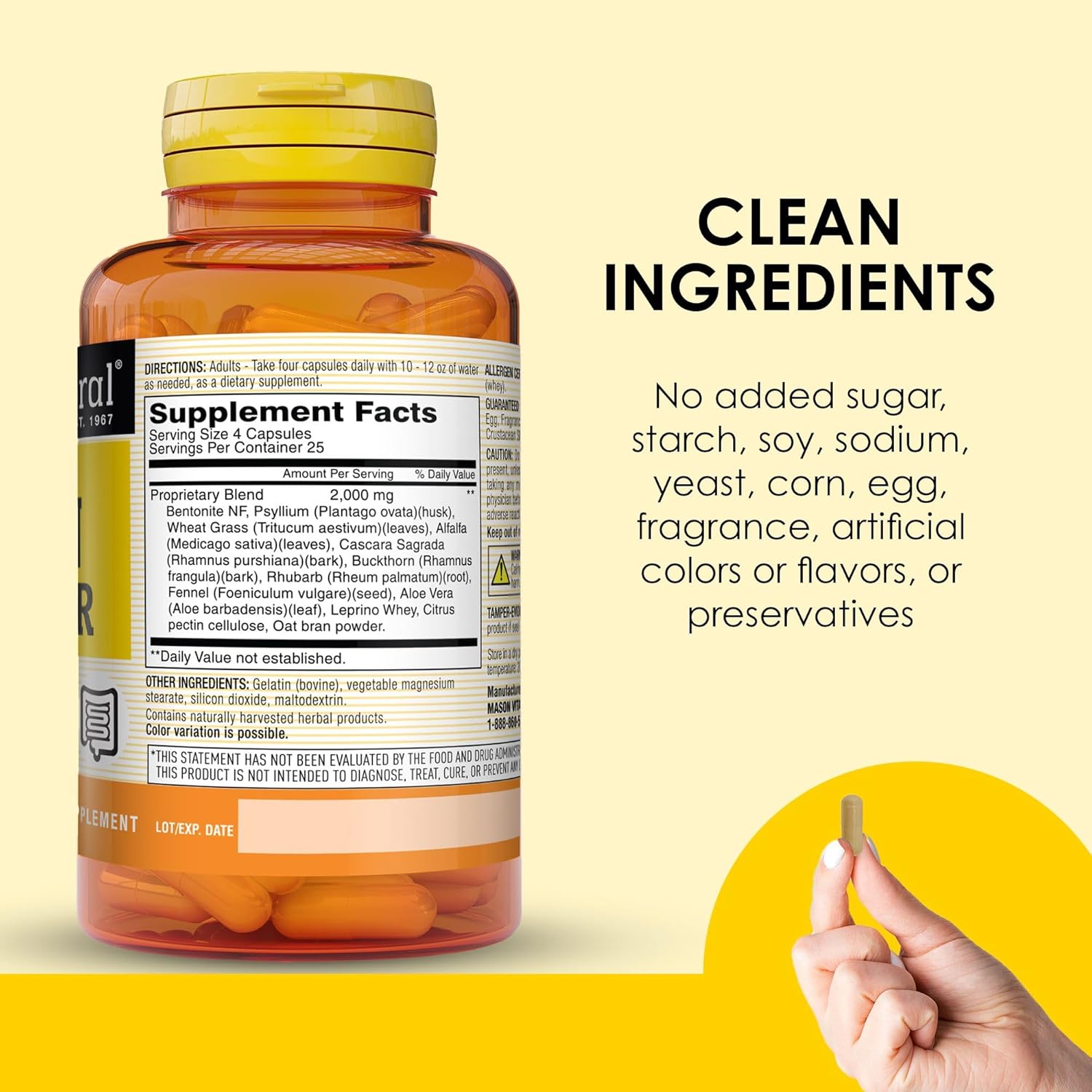 Mason Natural Herbal Colon Cleanser, 300 Day Supply, Dietary Supplement Supports Digestive Health With Soluble Fibers, Probiotics & Herbs, 3 Pack