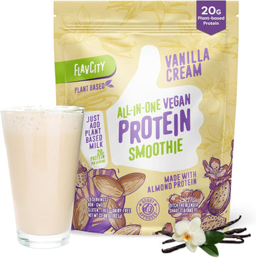 Flavcity All-In-One Vegan Protein Powder Smoothie, Vanilla - Plant-Based Pre-Workout Meal Replacement Shake For Women & Men Made With 20G Of Almond Protein - Gluten Free & Dairy-Free