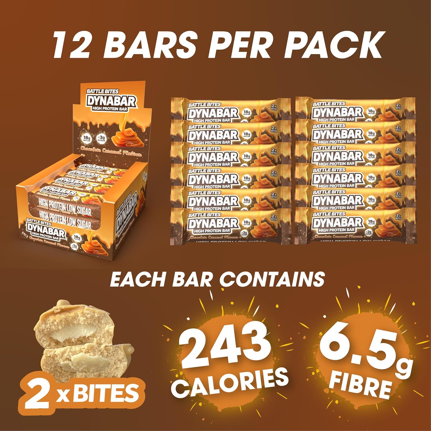 Battle Bites Dynabar High Protein Bars 12 x 60g - Chocolate Caramel Flavour - Low in Sugar, Free from Preservatives, Non-GMO, Suitable for Vegetarians - 18g protein + 243 calories per bar - Made in UK : Amazon.co.uk: Health & Personal Care