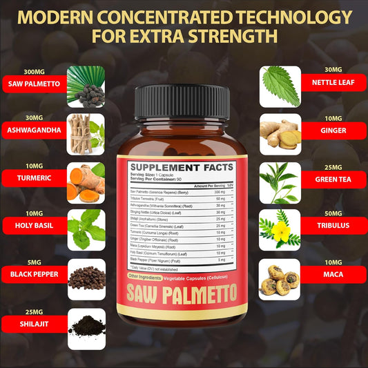 Agobi Saw Palmetto Supplement With Maca Root - High Extract Support For Hair Health, Restful Mood, Immune System & Energy Production - 150 Veggie Capsules