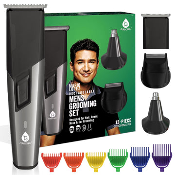 Pursonic Hair & Beard Trimmer For Men - 12 Piece Mario Lopez Cordless Rechargeable Beard Trimmer & Clippers For Men - All In One Grooming Kit For Beard, Face, Nose, And Ear Hair,Ideal Gifts For Men